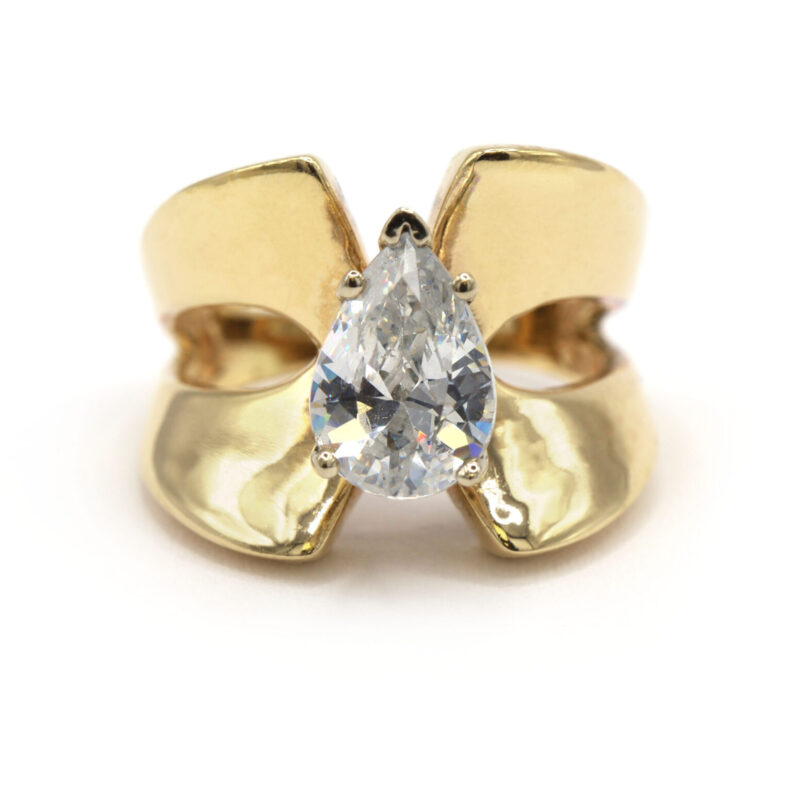 Cz Pear Chunky 14K Yellow Gold Unique Semi Mount Women’s Engagement Statement Ring