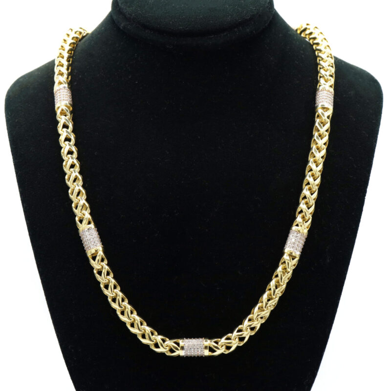 Diamond Pave Barrel Franco Wheat 14K Yellow Gold Link Mens Unisex Chain Necklace