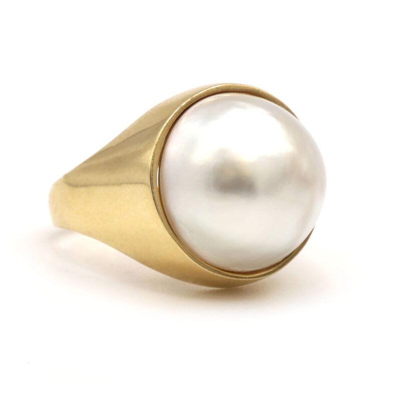 Blister South Sea White Pearl Bezel Set 14K Yellow Gold Statement Women’s Ring