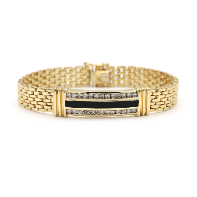 Black Onyx Inlay And Diamond 14K Yellow Gold Chain Link Men's Bracelet 8”