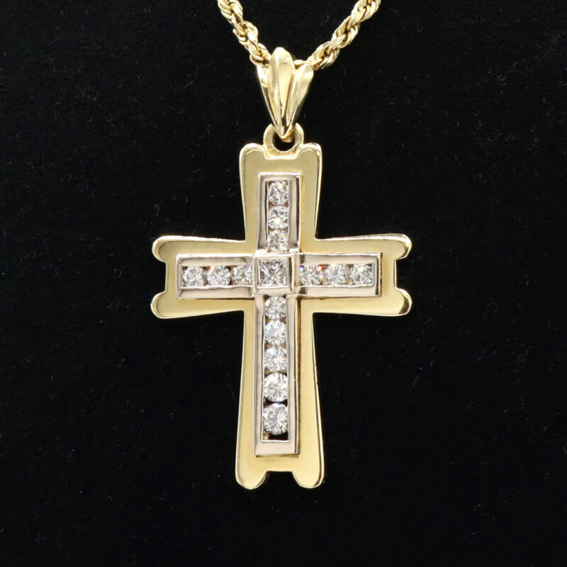 1.50CT Diamond Cross Princess Round Cut Channel Set 14K Yellow Gold Pendant