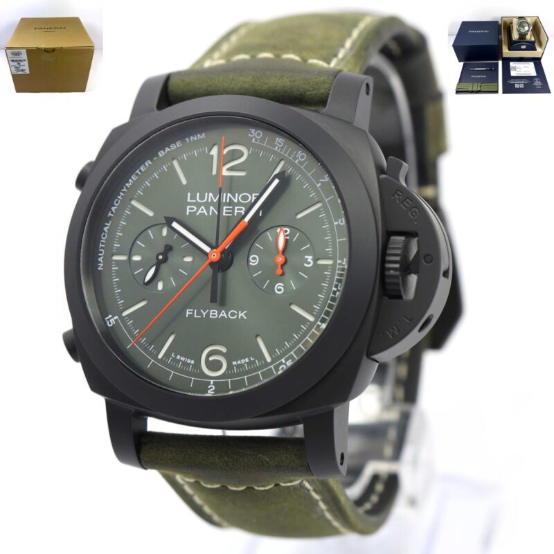 Panerai Luminor Chrono Flyback PAM01498 44MM Black Ceramic Green Box Papers