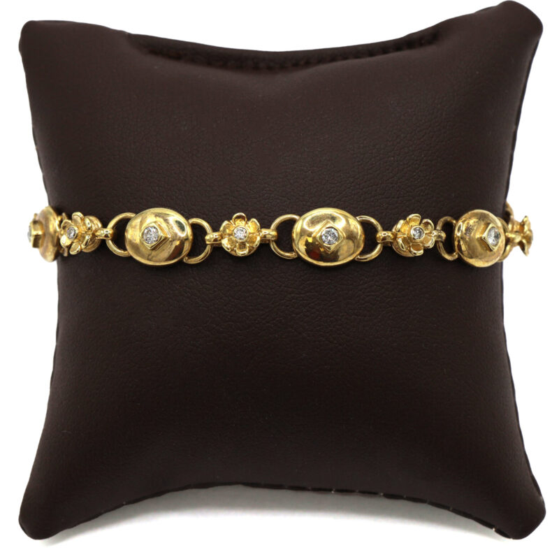 Vintage Diamond Flower Link Chain Women’s 14K Yellow Gold Bracelet