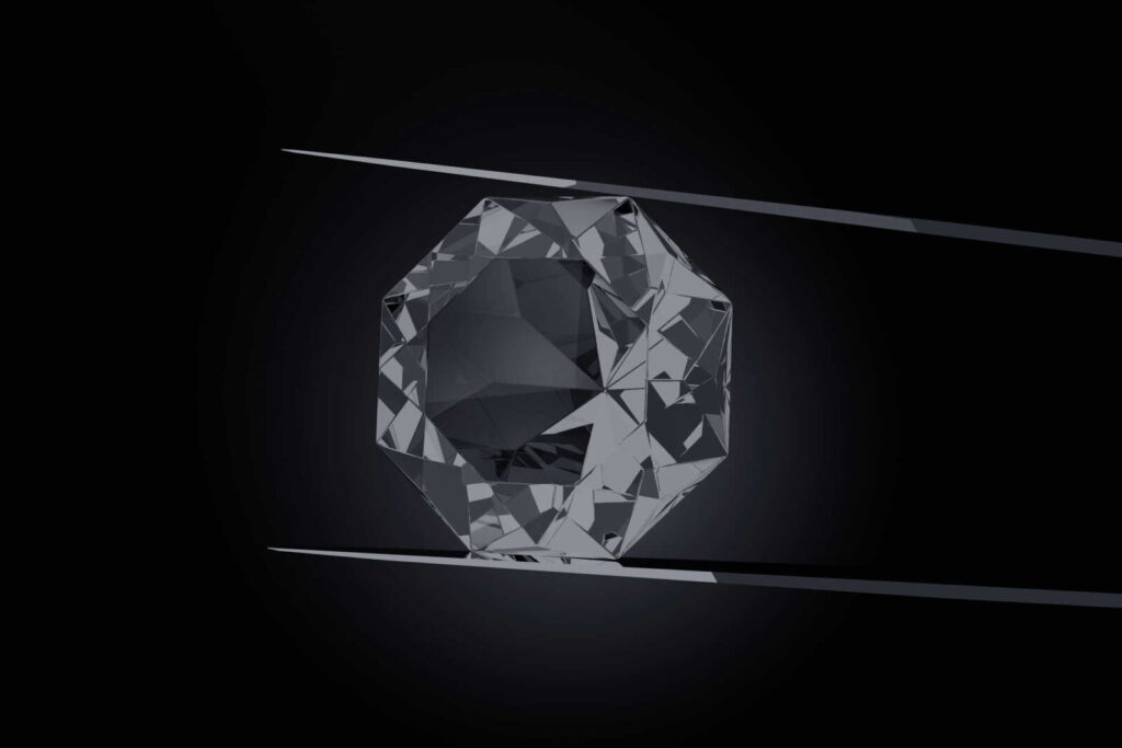 Lab grown diamonds, loose octagonal stone held by jeweler’s tweezers on a black background.