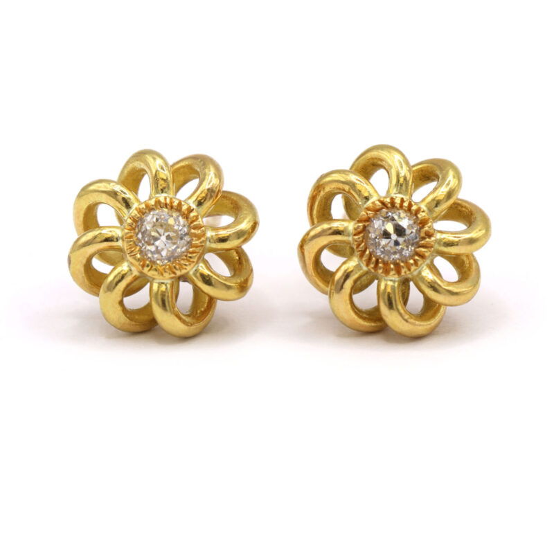 Antique Old European Cut Natural Diamond Flower 18K Yellow Gold Screw Back Stud Earrings