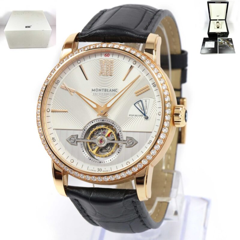 New Montblanc Exotourbillon Slim 116523 42MM Rg Silver Diamonds Box Papers