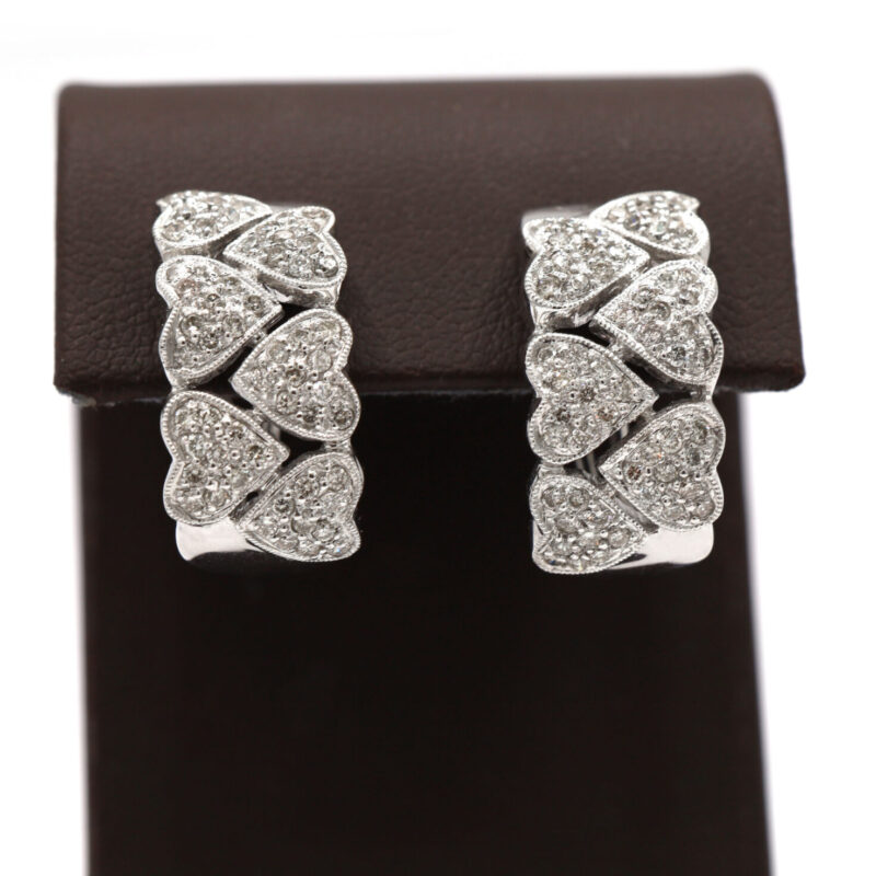 Diamond Pave Heart Row Thick Huggie 14K White Gold Women’s Hoop Earrings
