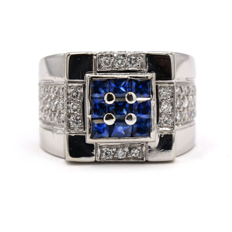 Sapphire Princess Cut Cluster Diamond Pave 14K White Gold Men’s Statement Ring