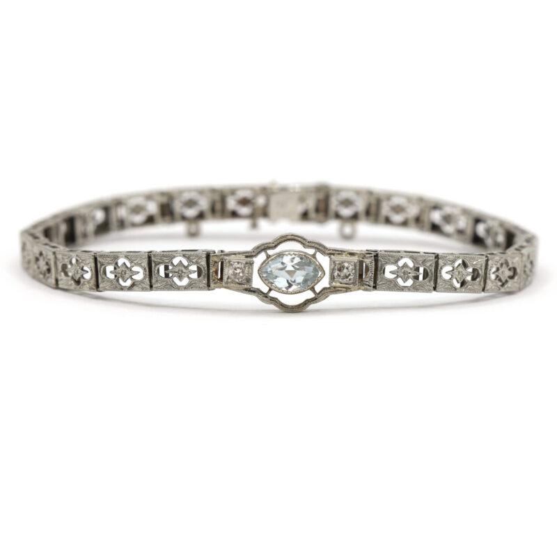 Antique Marquise Aquamarine Diamond 18K White Gold Handmade Vintage Bracelet