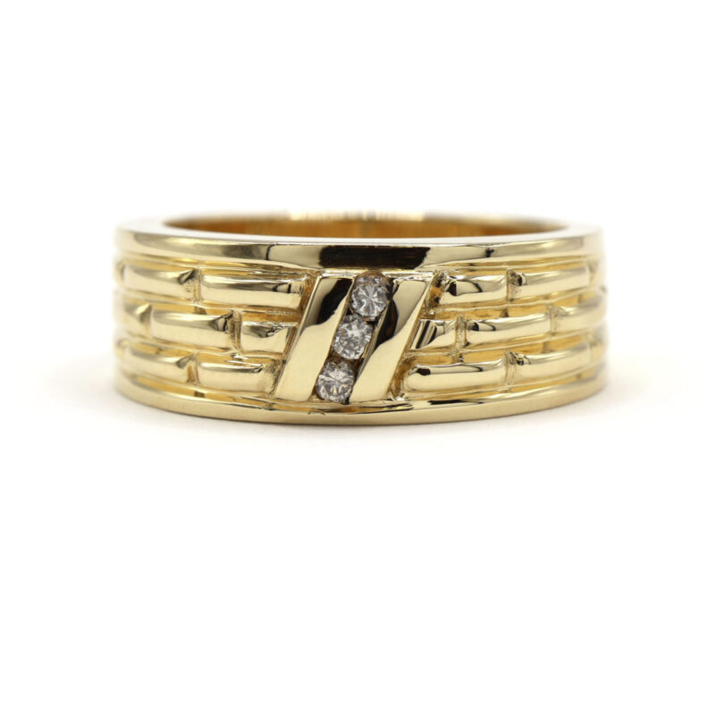 Natural Diamond Row Thick 14K Yellow Gold Brick Band Stacking Ring