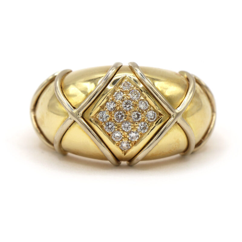 Diamond Pave Cross Two Tone Solid 18K Yellow Gold Platinum Vintage Statement Ring