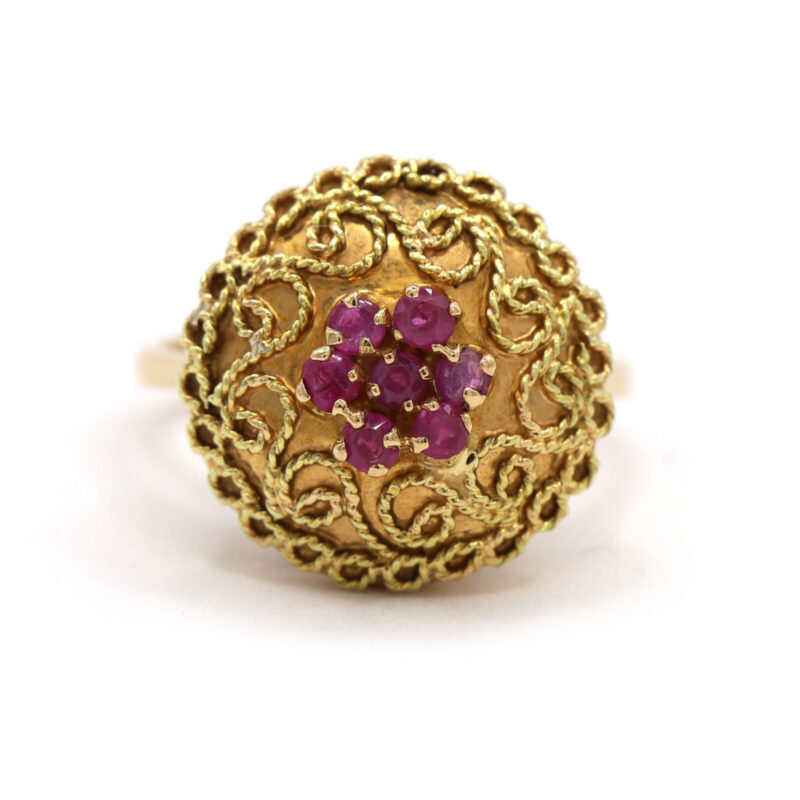 Natural Ruby Cluster 22K Yellow Gold Vintage Antique Women’s Statement Ring