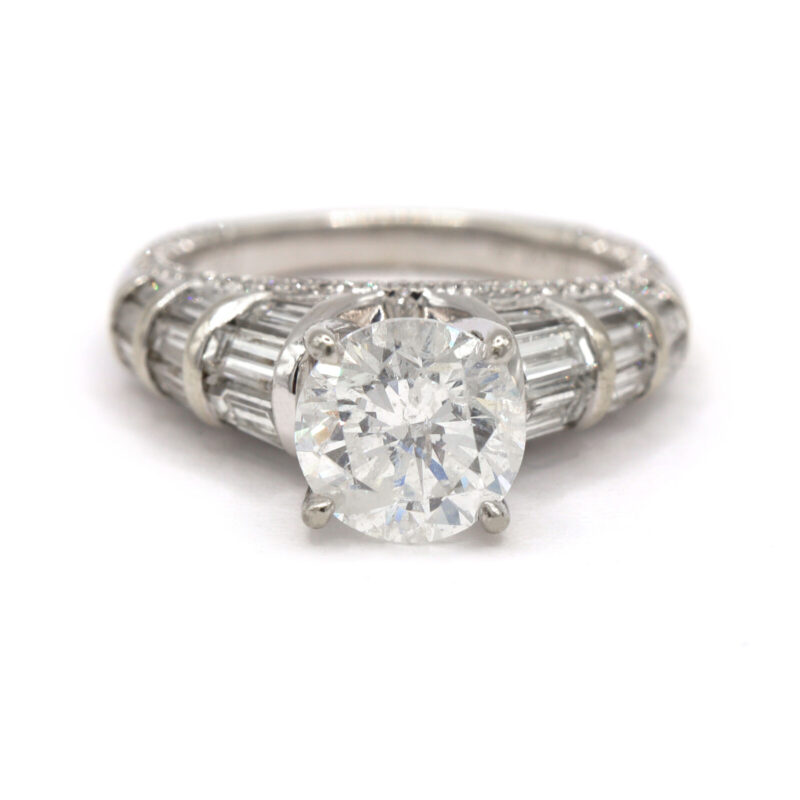 3.60CT Round Diamond Pgs Certified Baguette 18K White Gold Women’s Engagement Ring