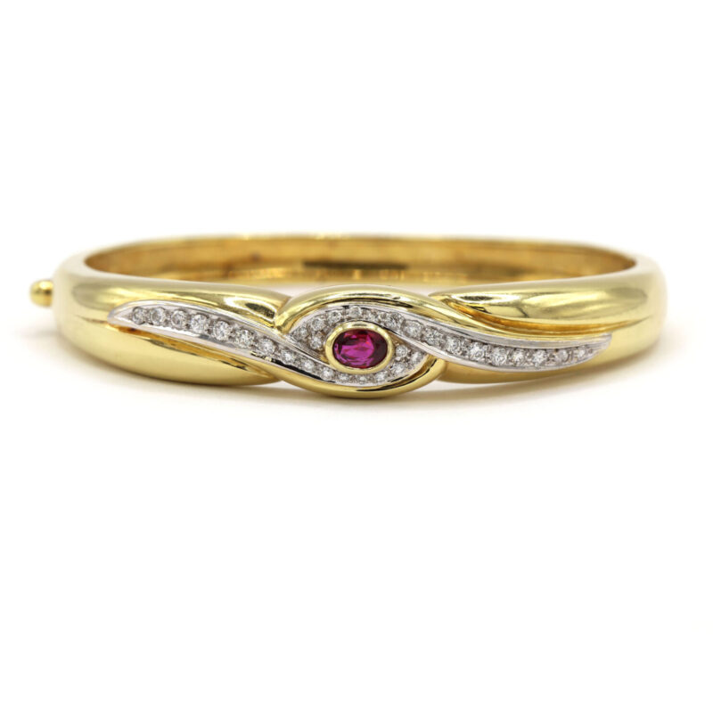 Oval Ruby Diamond Bangle Solid 18K Yellow Gold Women’s Vintage Bracelet