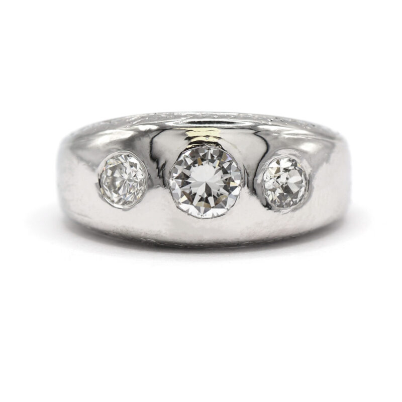 1CT Diamond Three Stone Invisible Gypsy Set Engraved 18K White Gold Statement Band Ring