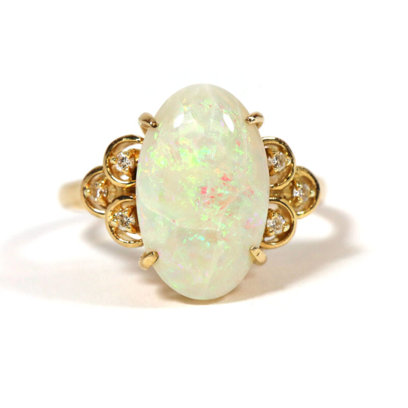 White Oval Opal And Diamond 14K Yellow Gold Statement Ring