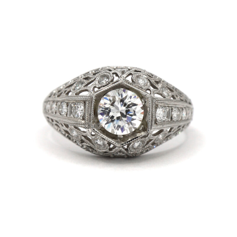 Platinum Diamond And Center Cz Antique Style Statement Ring