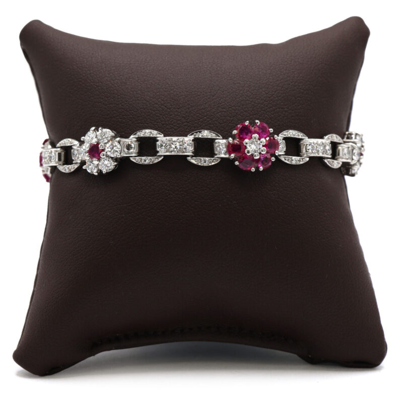 Vintage Natural Diamond Ruby Flower Cluster Platinum Women’s Statement Bracelet