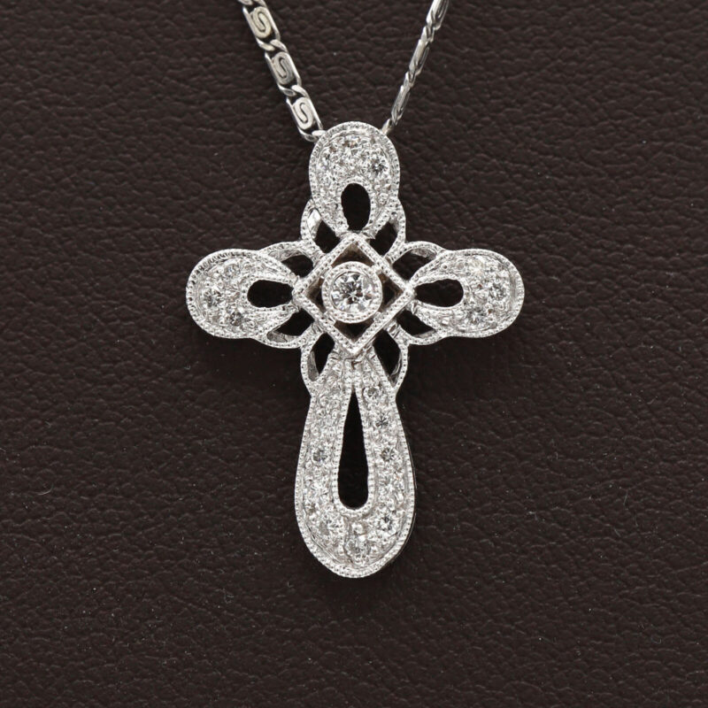 Natural Diamond Cross 18K White Gold Christian Women’s Pendant Milgrain Necklace