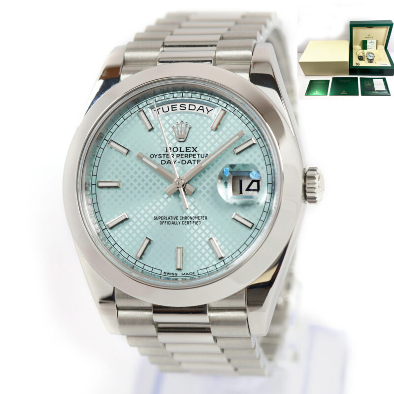 Rolex Day-Date President 228206 40MM Platinum Ice Blue Diagonal Motif Box Papers