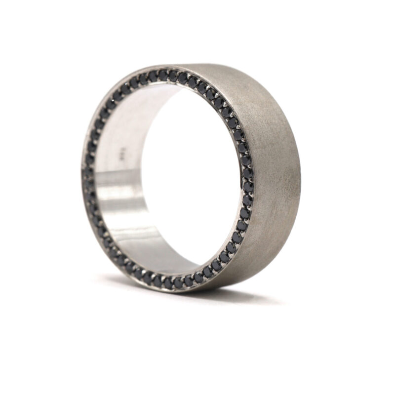 Daussi Black Diamond Row Men’s 14K White Gold Satin Matte Brushed Thick Band Ring