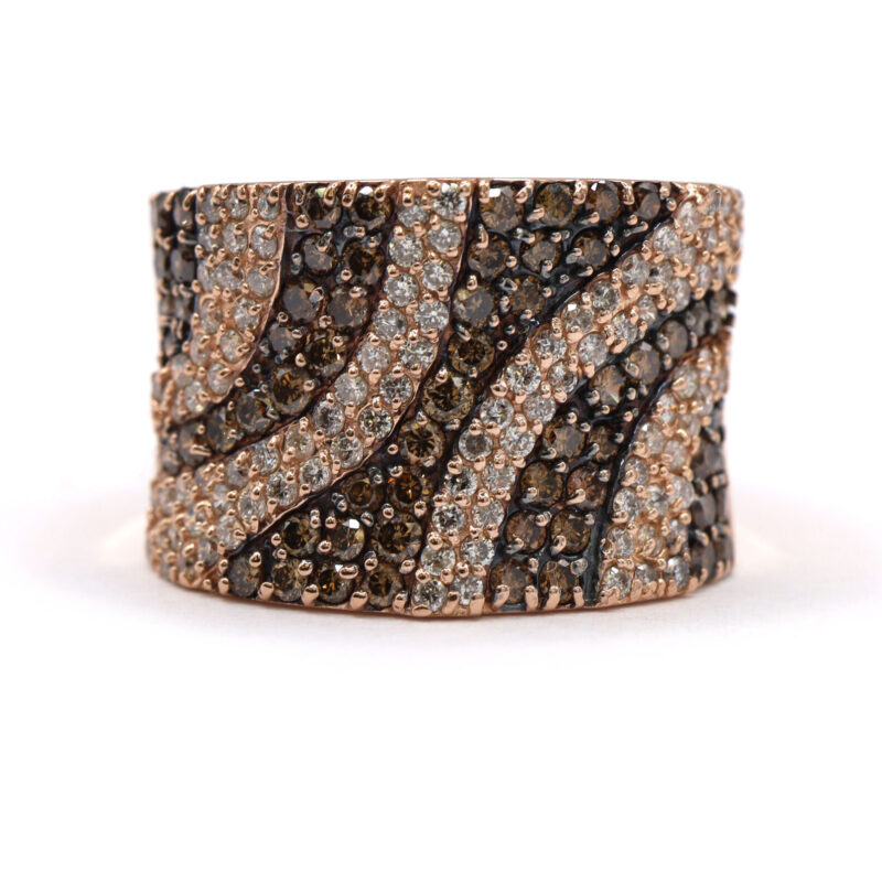 Diamond Pave Striped Brown White Diamond 14K Rose Gold Thick Band Statement Ring