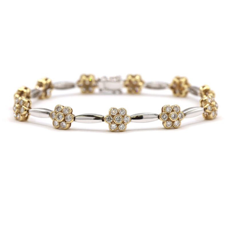 Diamond Flower Cluster Tennis Bracelet Women’s Two Tone 14K Yellow White Gold