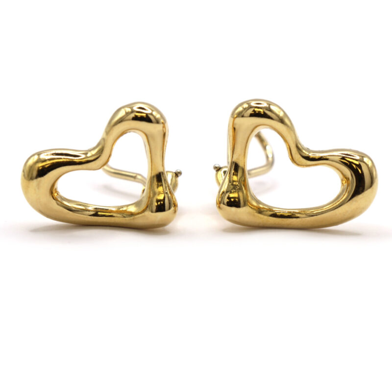 Authentic Tiffany & Co. Peretti Solid 18K Yellow Gold Open Heart Post Clip Earrings