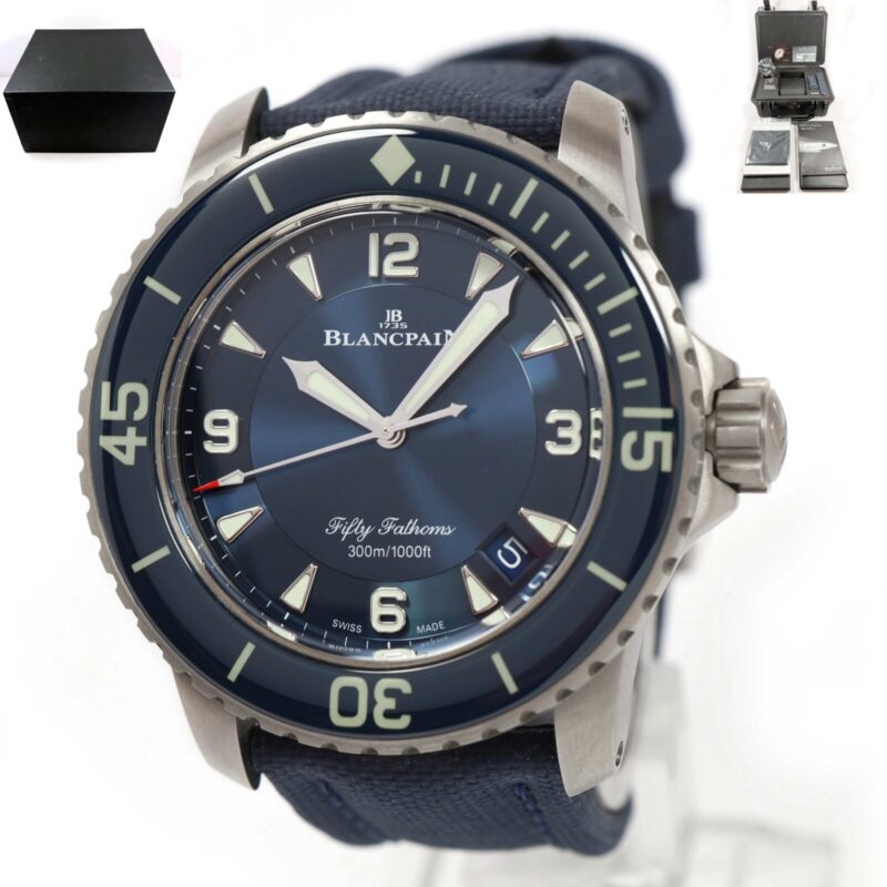 Blancpain Fifty Fathoms 5015-12B40-O52A 45MM Blue Titanium watch face showing time.