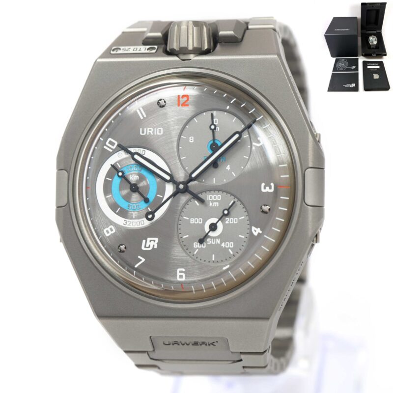 Urwerk Ur-10 Spacemeter watch in titanium, featuring a unique dial and metal bracelet, with box and papers.