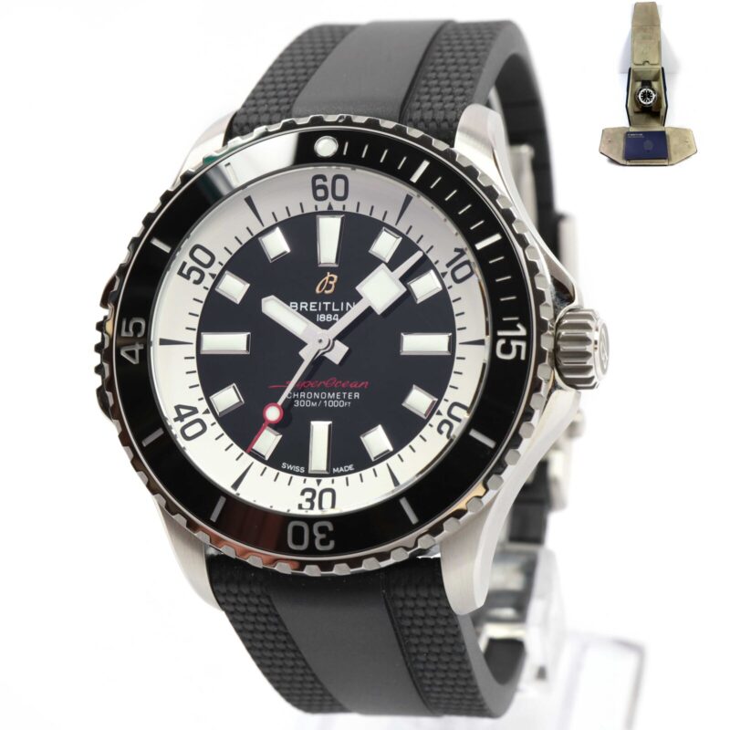 Breitling Superocean 46 watch with black dial and steel case on a black rubber strap.