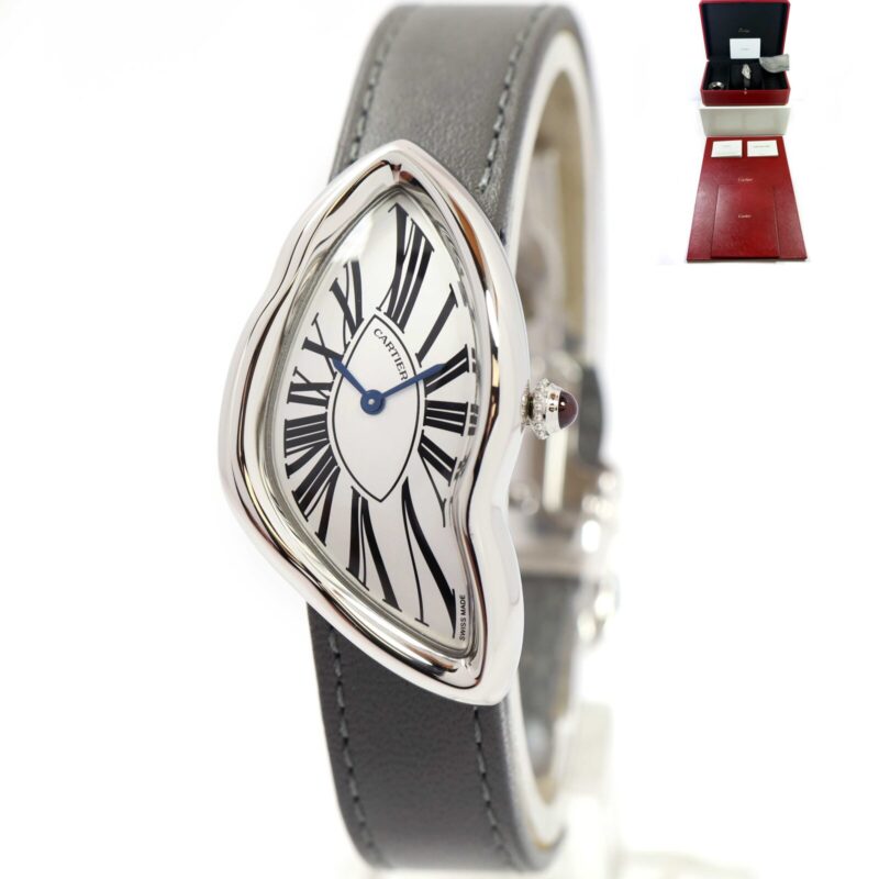 Cartier Crash Bond Street Edition watch with a silver platinum case and grey strap, displayed with its box and papers.