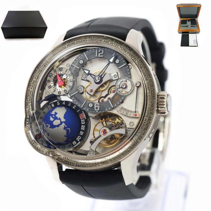 Greubel Forsey GMT Earth 45.5MM 18K white gold watch on black strap with box and papers.