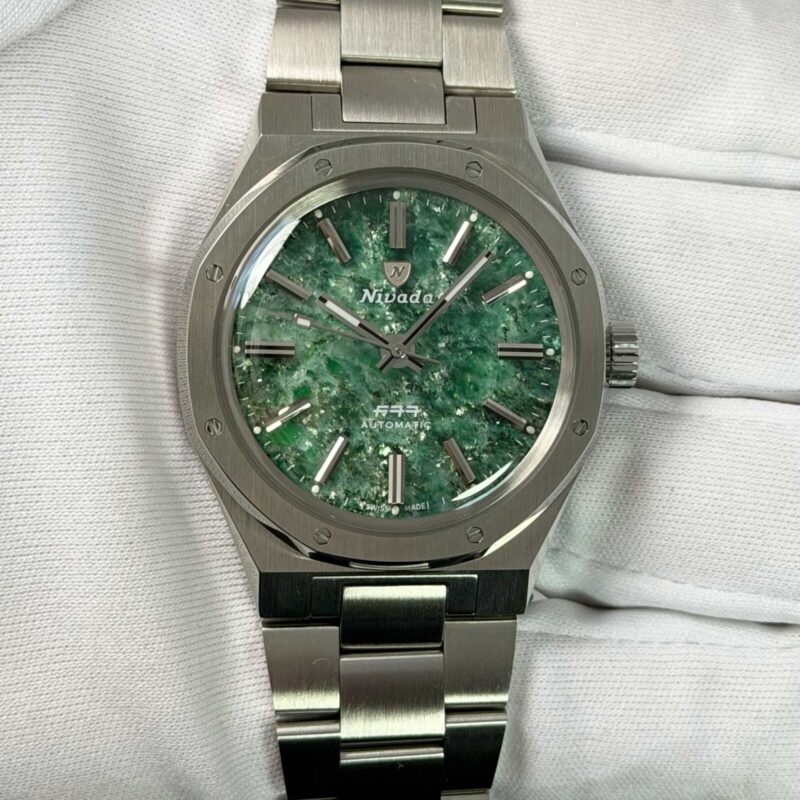 New Nivada Grenchen F77 Green Aventurine MK1 37MM Stainless Steel Box Papers