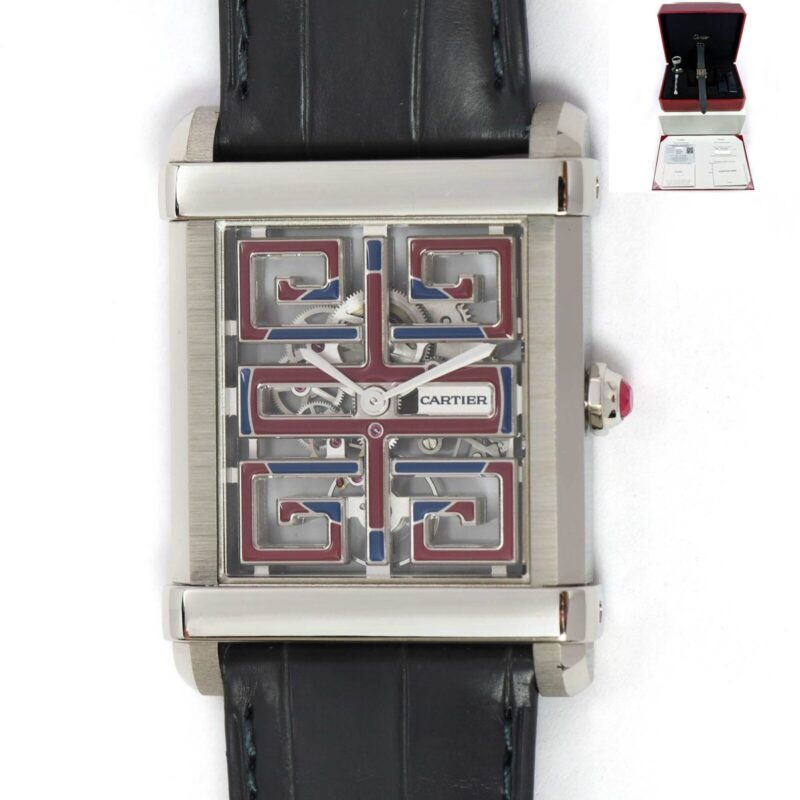 Cartier Tank Chinoise WHTA0015 platinum watch with skeleton dial and box.