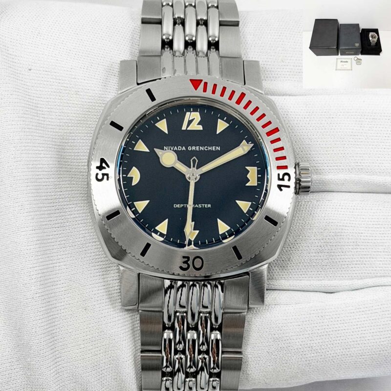 Nivada Grenchen Art Deco Depthmaster 39MM Black Stainless Steel Box Papers