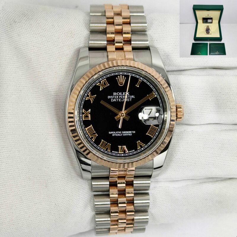 2014 Rolex Datejust 116231 36MM Black Roman Dial Two-Tone Rose Gold Box Papers