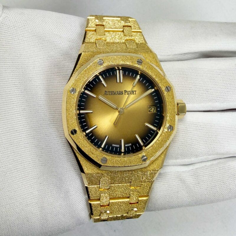 Audemars Piguet Royal Oak Frosted Gold 15550BA 37MM 18K Yg Smoke Dial Box Papers