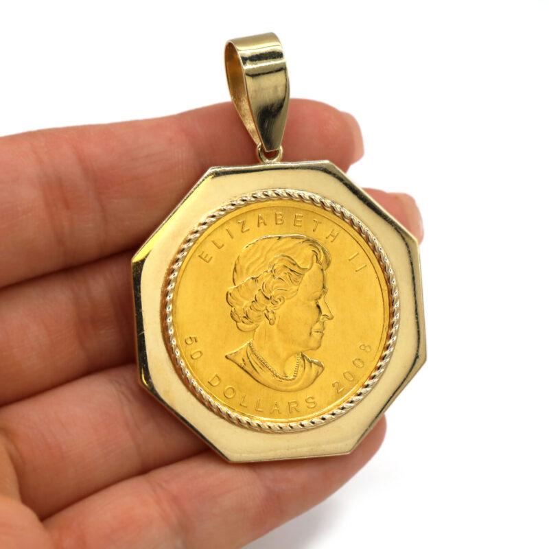 2008 $50 Canadian 1 Oz Coin Maple Leaf Elizabeth II Coin 14K Gold Bezel Pendant