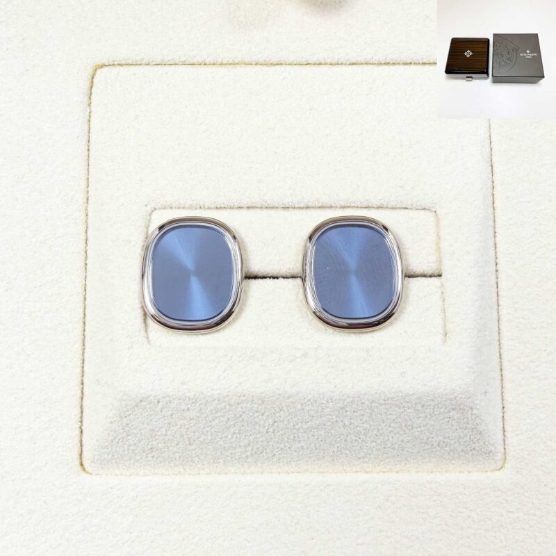 Patek Philippe Golden Ellipse Cuff Links 18K White Gold 2059102G Blue Sunburst Center