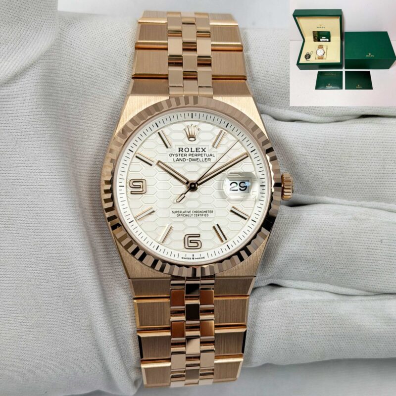 New 2025 Rolex Land-Dweller 40 127335 40MM White Rose Gold Oyster Box Papers