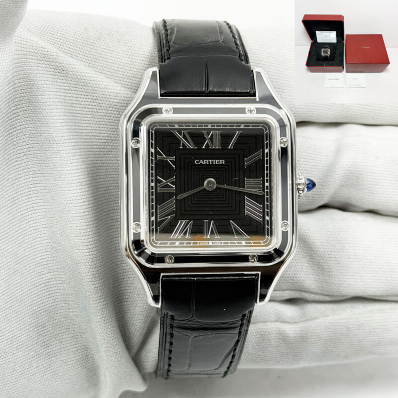 New Cartier Santos Dumont WSSA0046 31MM Black Lacquer Stainless Steel Box Papers