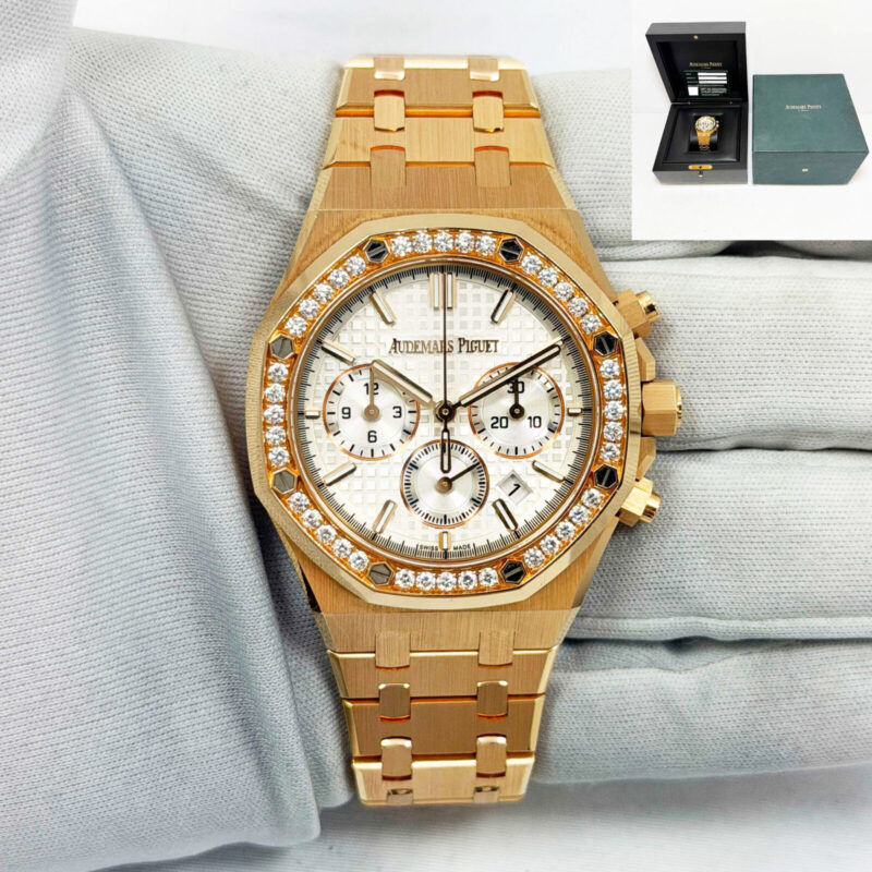 Audemars Piguet Royal Oak Chrono 26715OR 38MM Diamond White Rose Gold Box Papers