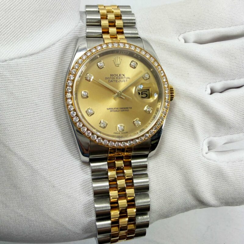 2010 Rolex Datejust 116243 36MM Champagne Diamond Dial Bezel 18K Yg Two-Tone