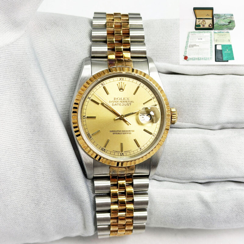 1992 Rolex Datejust 16233 36MM Champagne Jubilee Two-Tone 18K Yg Box Paper