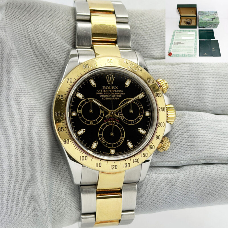 2001 Rolex Daytona 116523 40MM Black Two-Tone 18K Yellow Gold Box Paper K-Serial