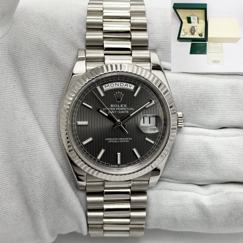 2015 Rolex Day-Date 228239 40MM Rhodium Tapestry 18K Wg Box Paper 2025 Cpo Card