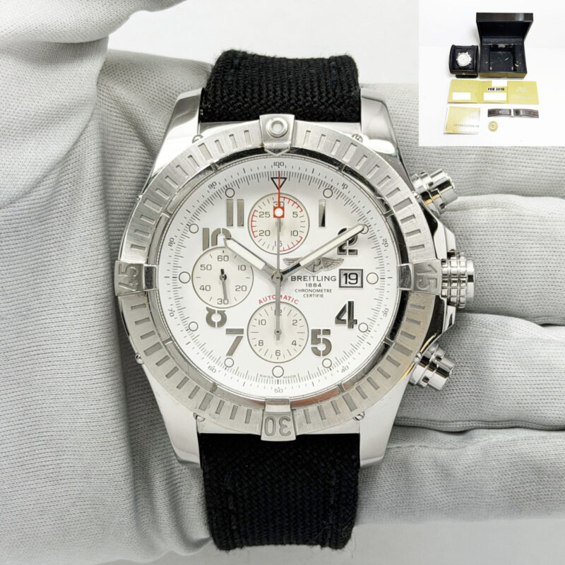 2010 Breitling Super Avenger A13370 48MM White Dial Steel Box Paper