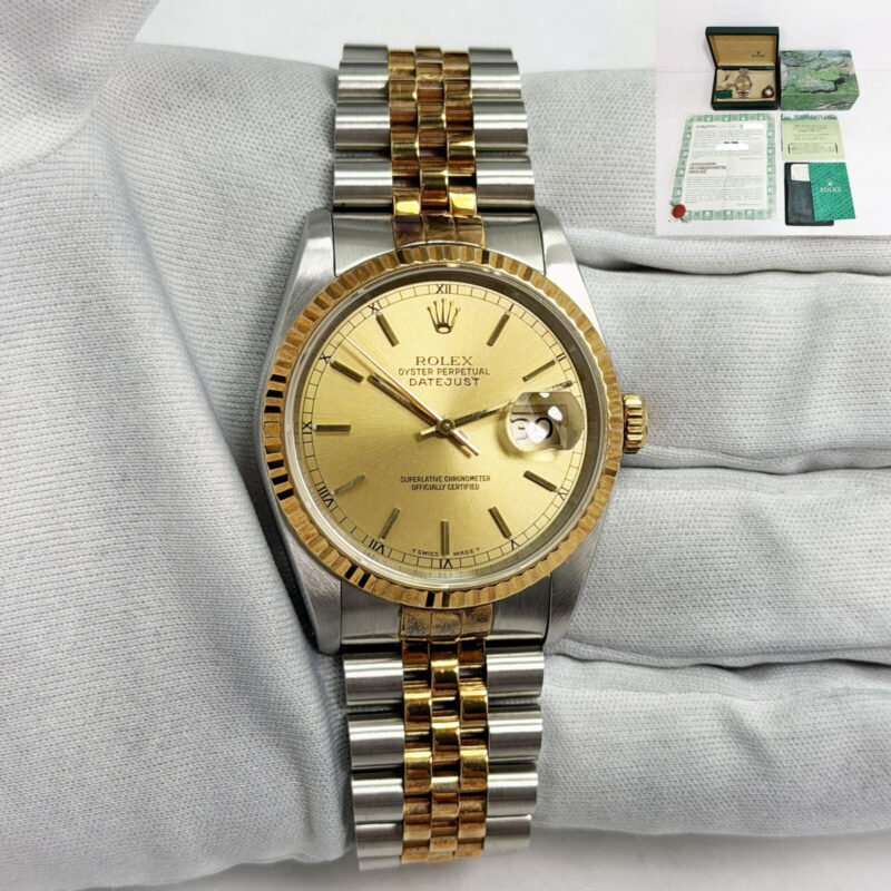 1992 Rolex Datejust 16233 36MM Champagne Jubilee Two-Tone 18K Yg Box Paper