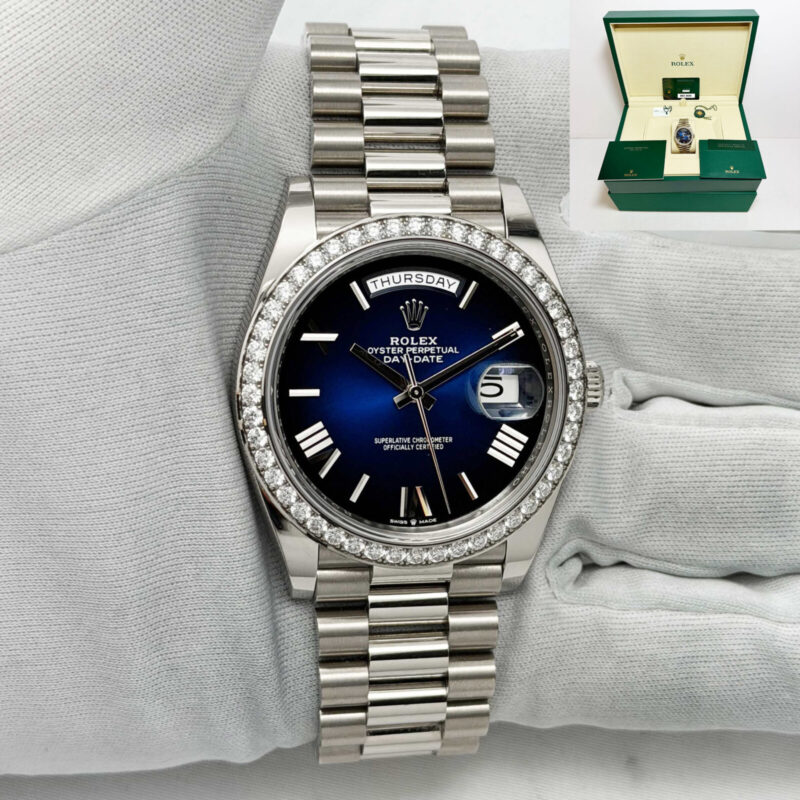 2025 Rolex Day-Date President 228349RBR 40MM Blue Ombre Diamond 18K Wg Box Paper